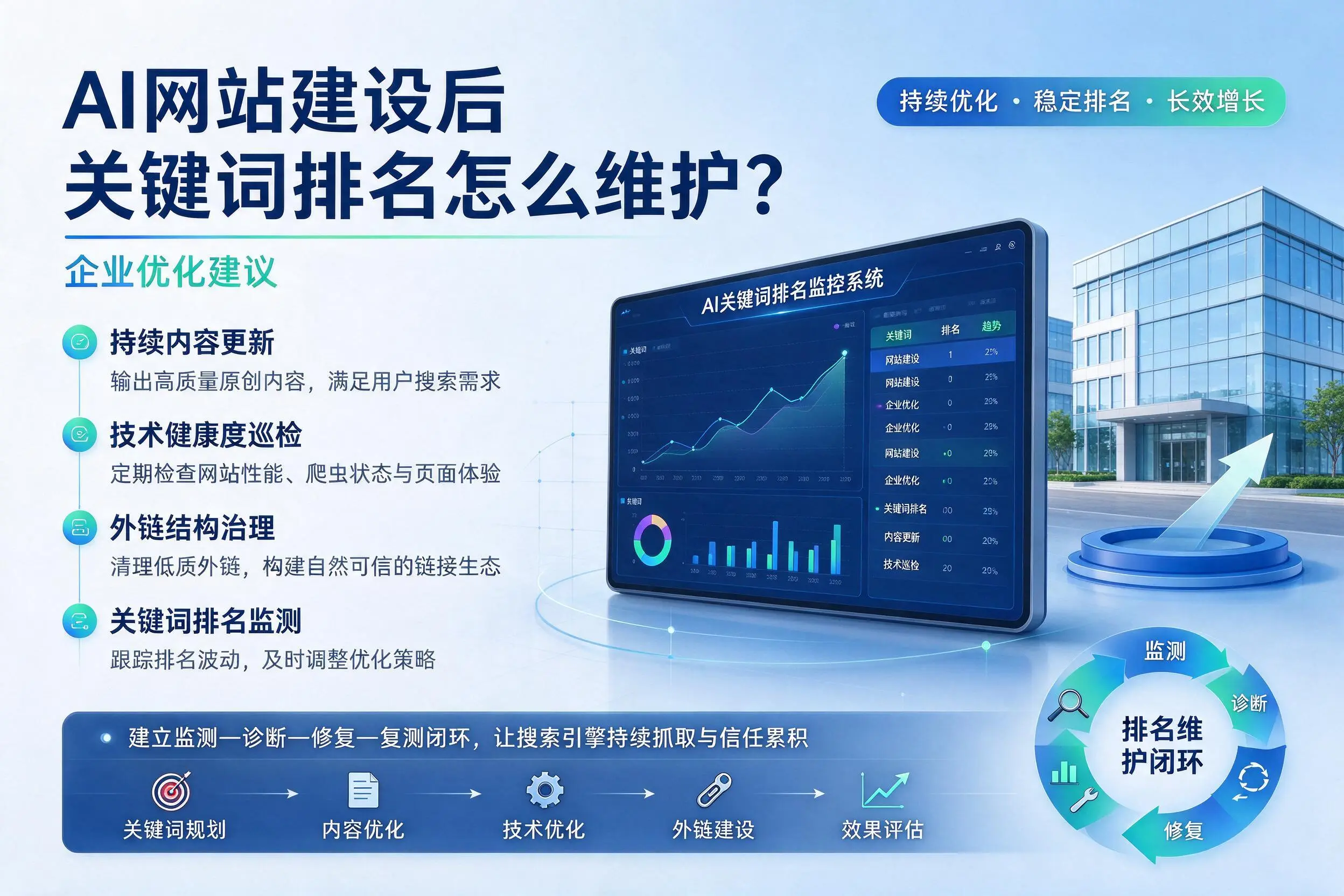 AI网站建设后关键词排名怎么维护?伊春企业优化建议