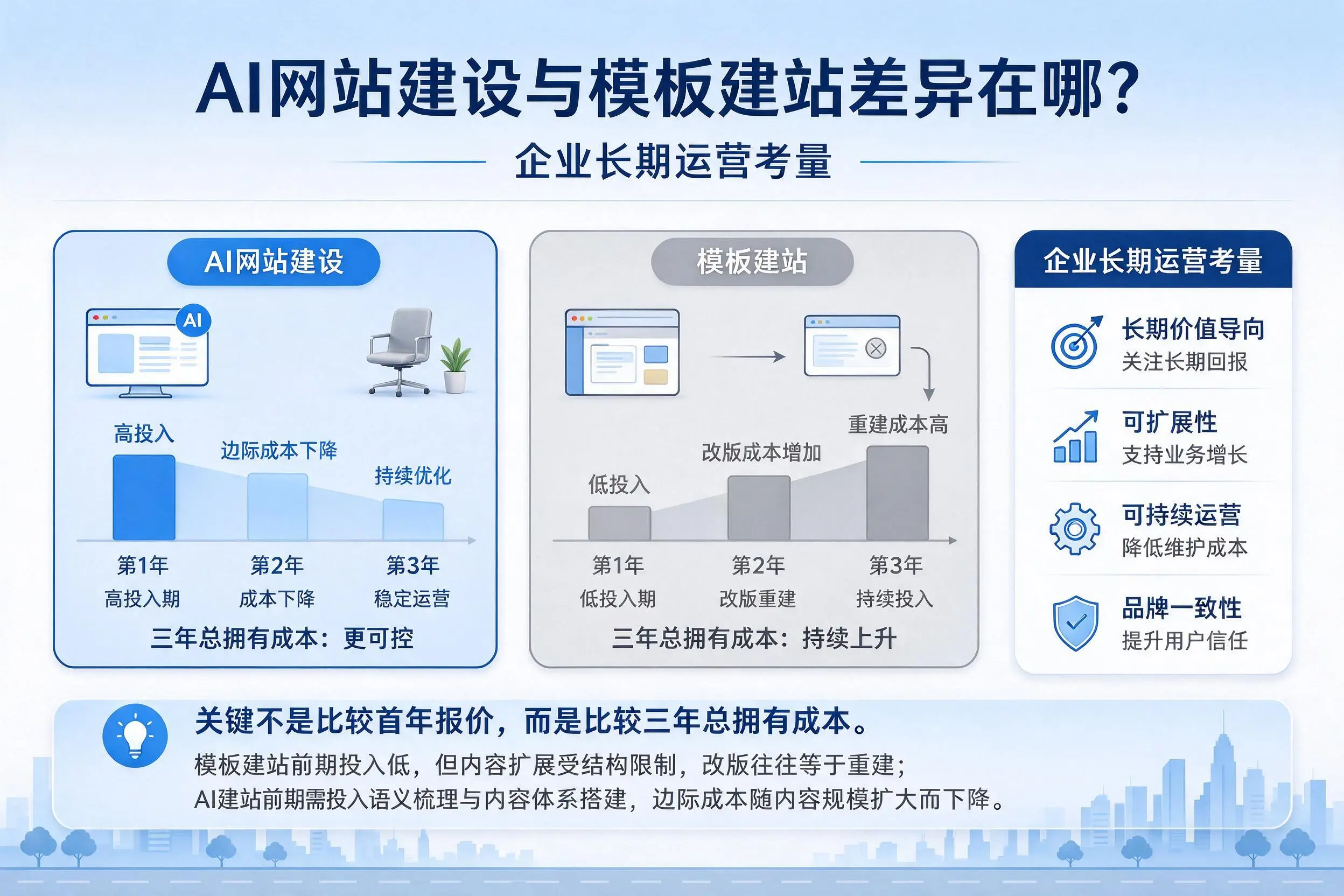 AI网站建设与模板建站差异在哪？伊春企业长期运营考量