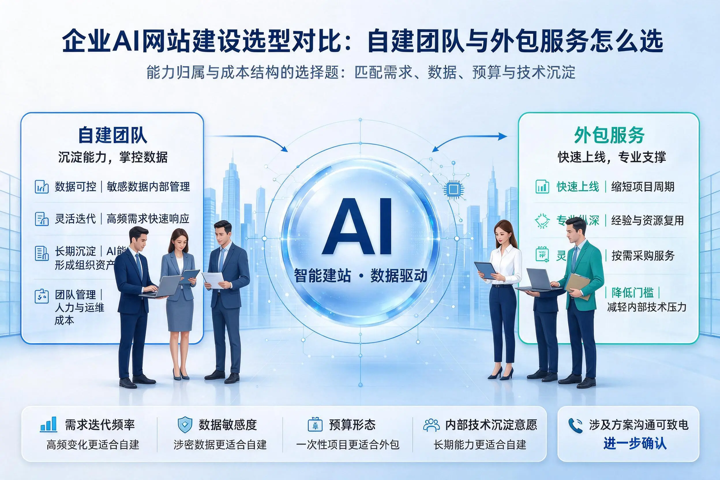 伊春企业AI网站建设选型对比:自建团队与外包服务怎么选